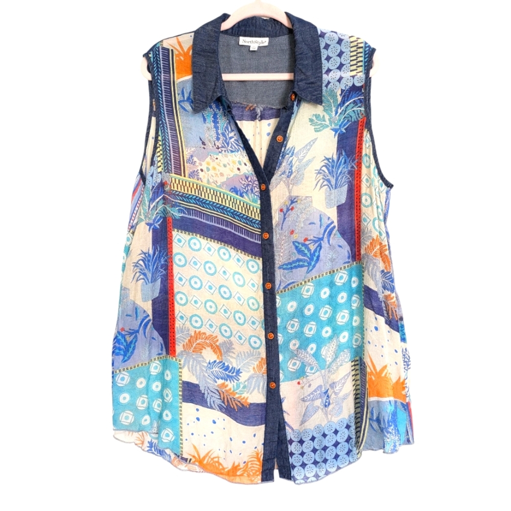 North Style Women's Size 2X Sleeveless Top Mixed Media Blue Colorful Lightweight